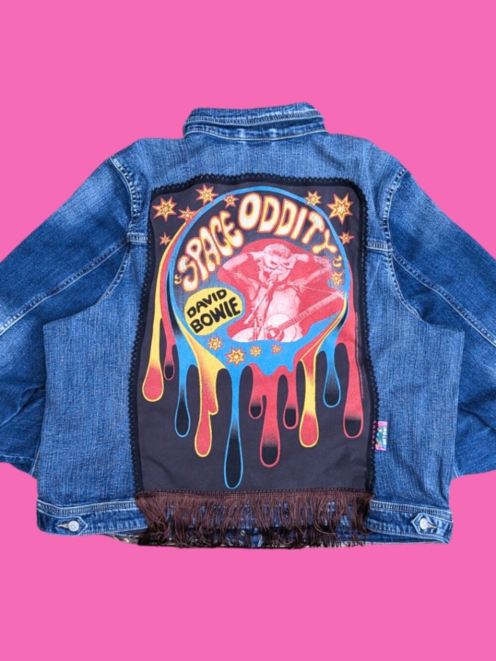 David Bowie, Space Oddity, Upcycled T-Shirt Denim Jacket Size 2XL for Women